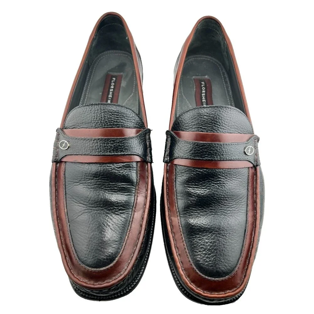 FLORSHEIM Men's 12D Black Brown Slip on Loafers Dress Shoes Leather Brazil